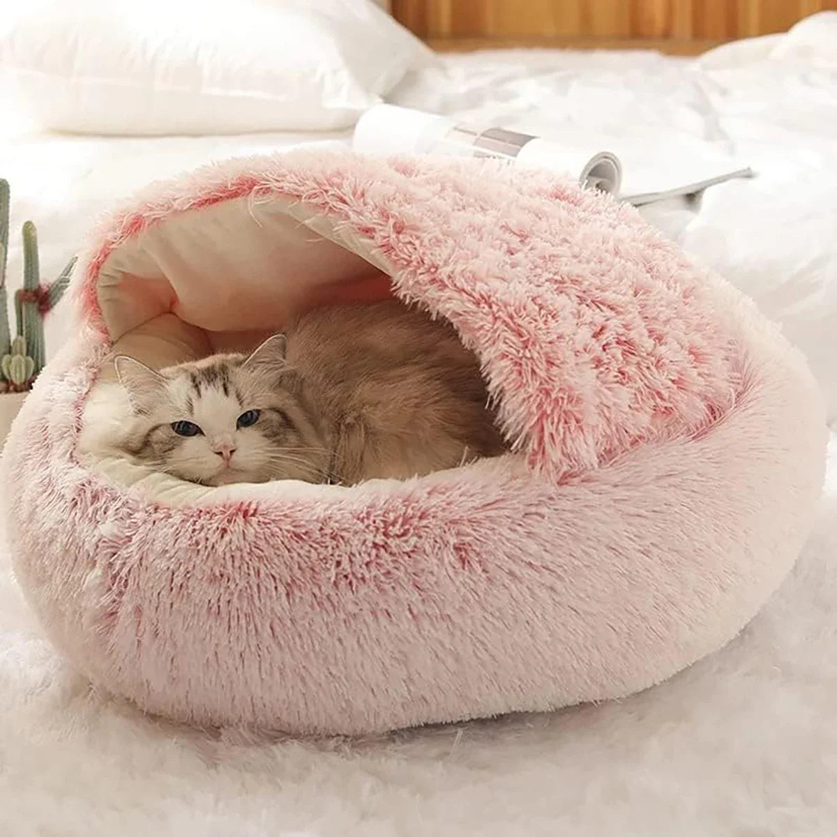 Flauschiges Donut-Katzenbett mit Mütze – weich und warm für kleine Haustiere