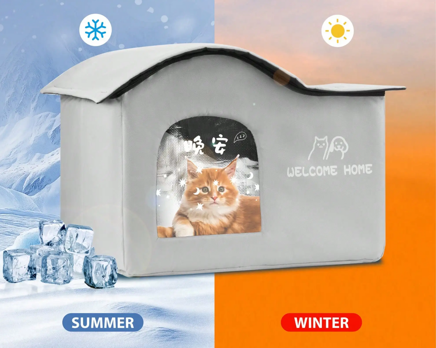 ThermaKool Faltbares, isolierendes Katzenhaus – 2-in-1: Kühlen & Wärmen mit Kühlakkus & Wendematratze