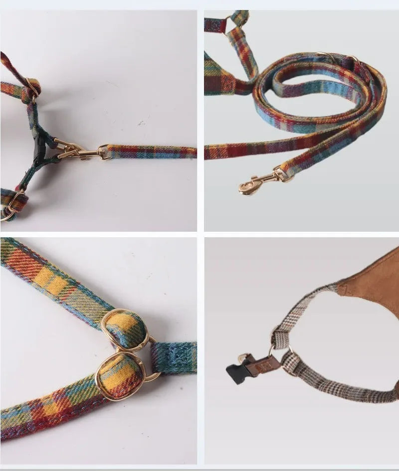 Britisches Karomuster – Verstellbares Hundegeschirr mit multifunktionaler Leine im britischen Stil