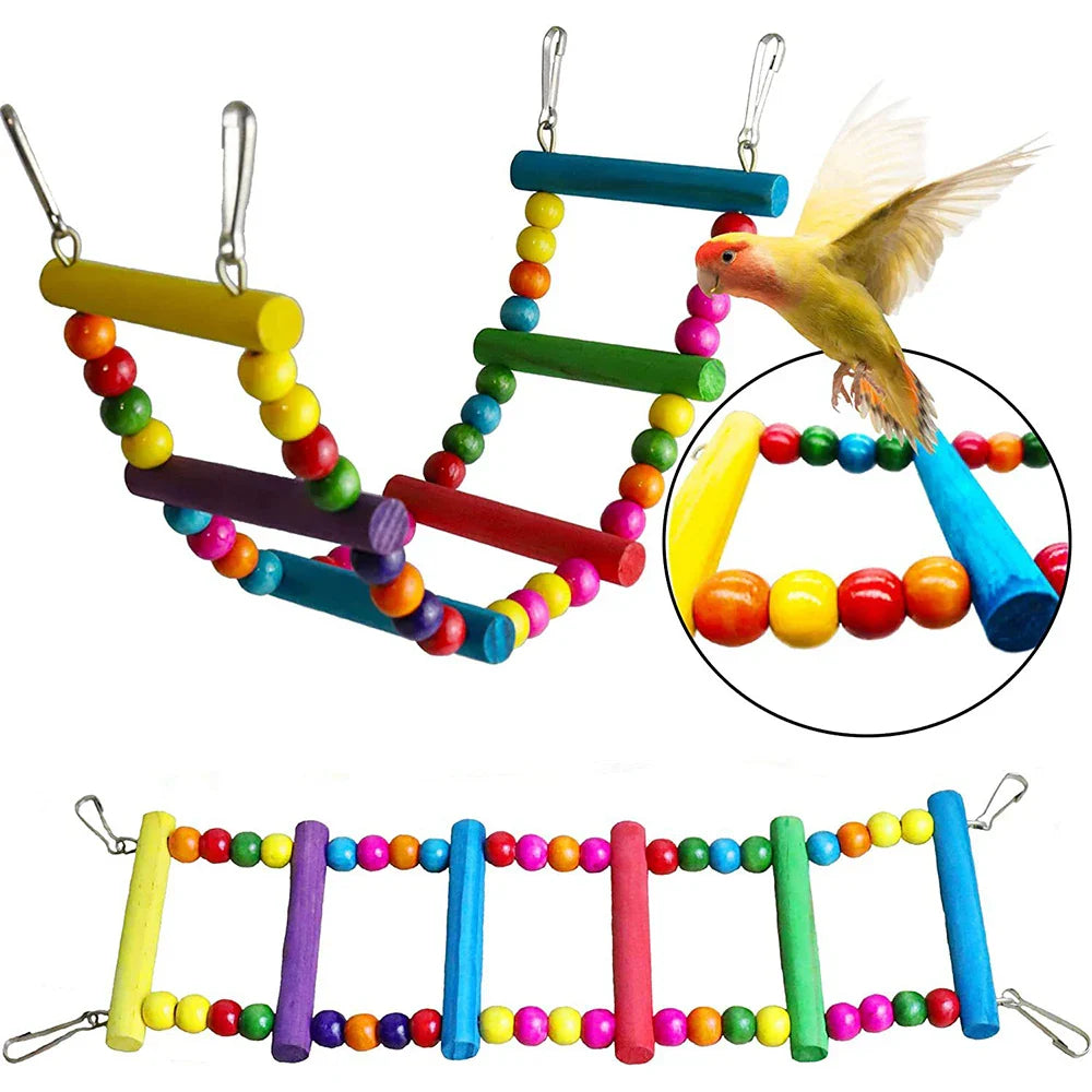 7-teiliges Papageienspielzeugset aus Holz und Kunststoff, für kleine Vögel, 21 x 14 cm