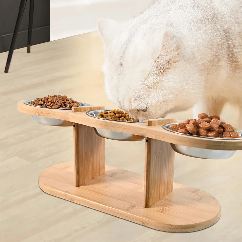 Erhöhtes 3-in-1 Katzenfutter-Set – Holzständer mit 3 Edelstahlnäpfen