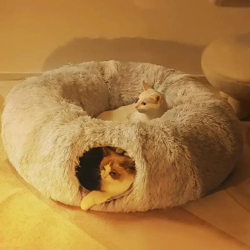 Donut-Katzenbett mit Tunnel – Weicher Plüsch, Ø95 cm – Grau in Beige