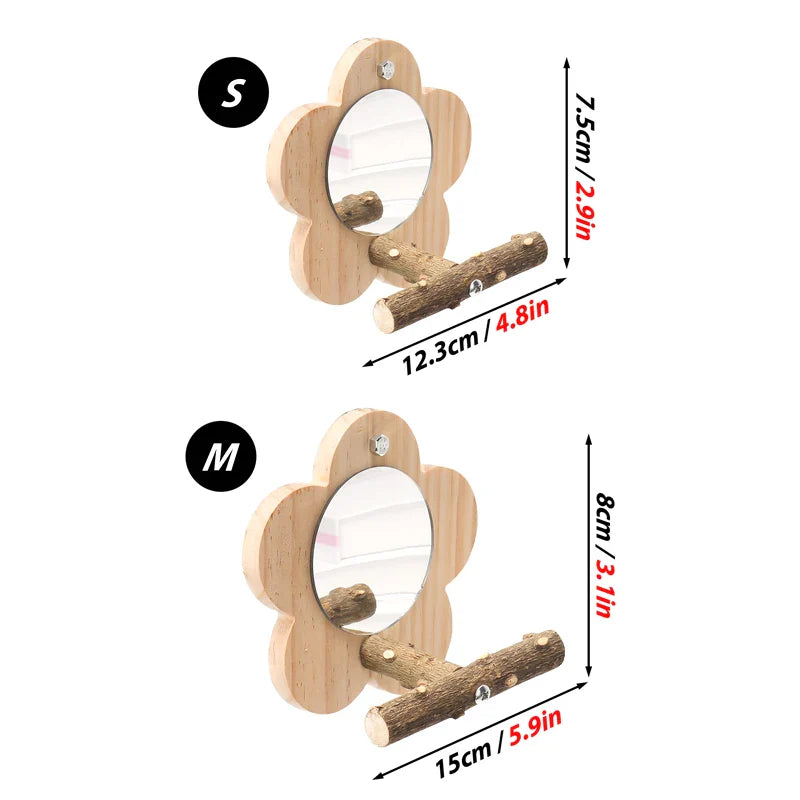 Vogelsitzstange aus Holz mit Spiegel – Natürliche Sitzplattform Größe S/M