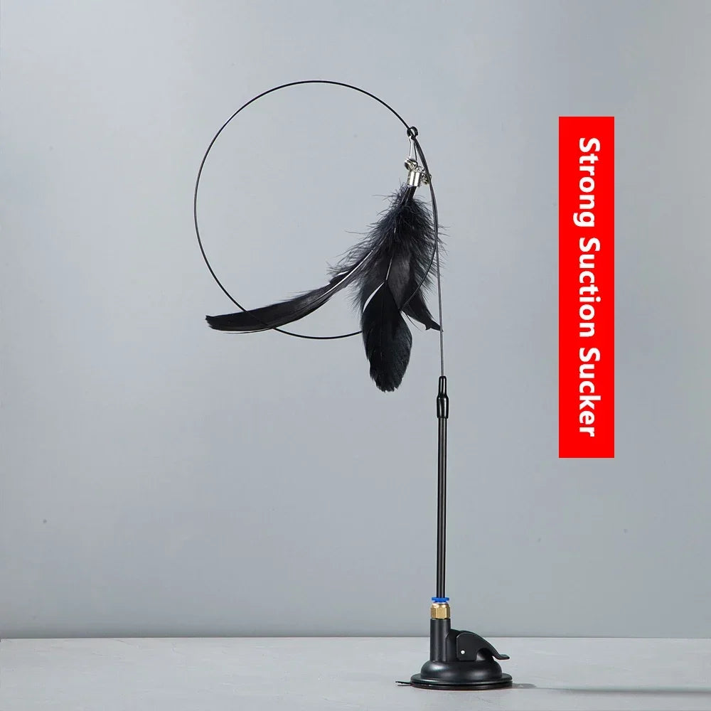 Katzenspielzeug mit Federn und Glöckchen – 80 cm langer Spielzeugstab mit Saugnapf