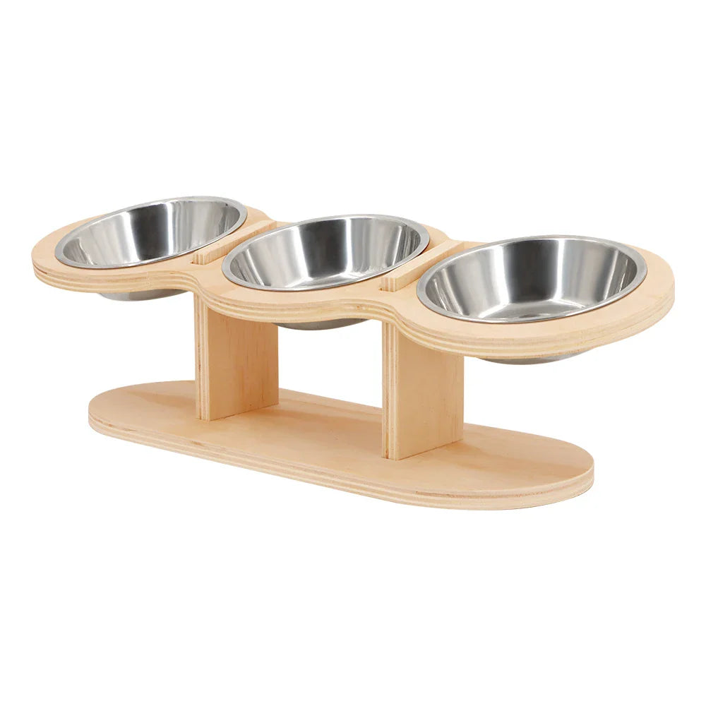 Erhöhtes 3-in-1 Katzenfutter-Set – Holzständer mit 3 Edelstahlnäpfen