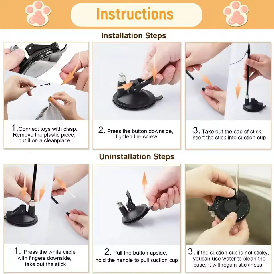 Katzenspielzeug mit Federn und Glöckchen – 80 cm langer Spielzeugstab mit Saugnapf