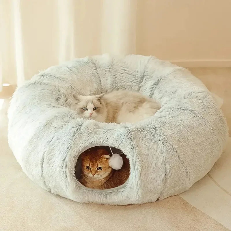 Donut-Katzenbett mit Tunnel – Weicher Plüsch, Ø95 cm – Grau in Beige