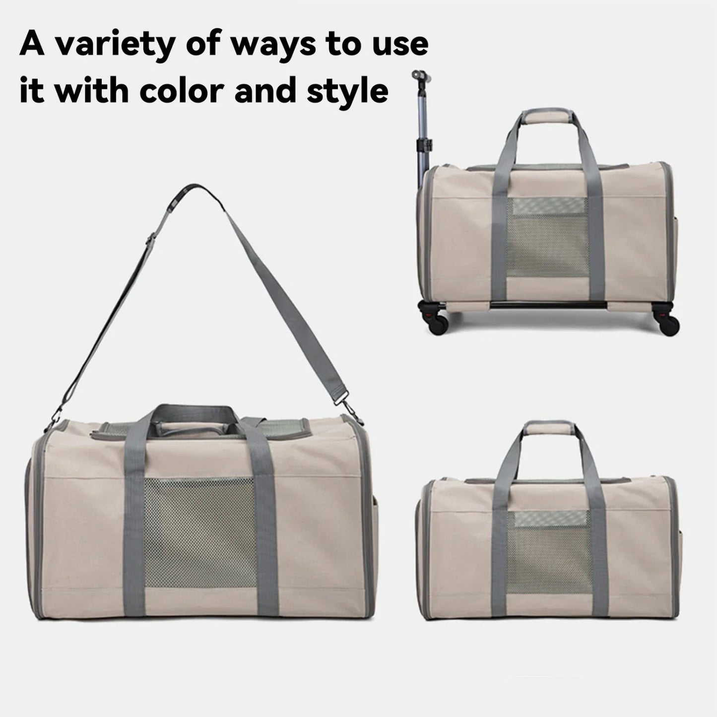 Haustierwagen Oxford Khaki 60x40x35 cm – Transportbox mit Rollen für Katzen oder kleine Hunde