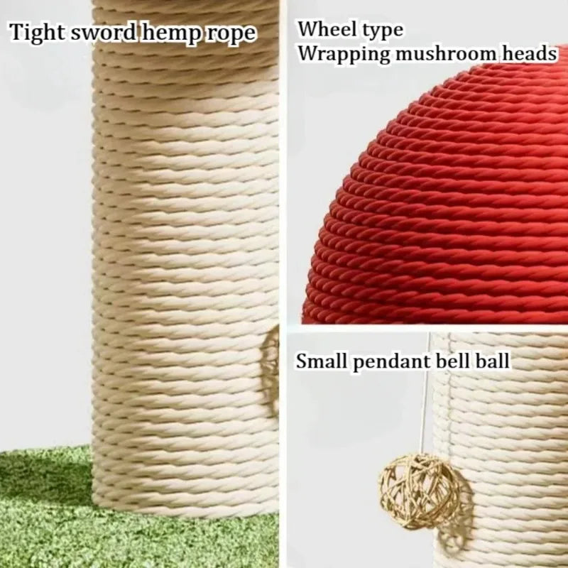 Katzenkratzbaum aus Sisal – Rotes Pilzdesign, Holz und Seil