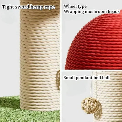 Katzenkratzbaum aus Sisal – Rotes Pilzdesign, Holz und Seil
