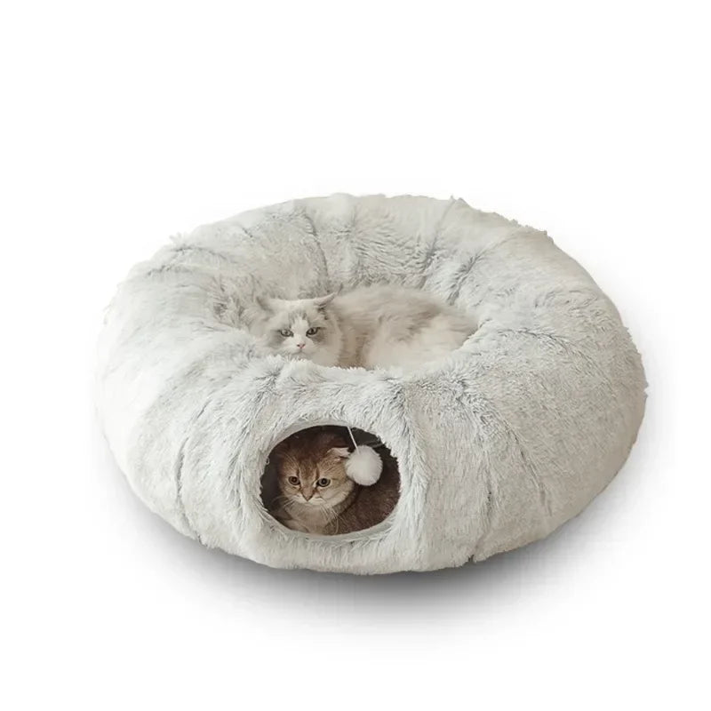 Donut-Katzenbett mit Tunnel – Weicher Plüsch, Ø95 cm – Grau in Beige