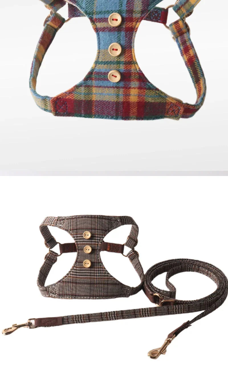 Britisches Karomuster – Verstellbares Hundegeschirr mit multifunktionaler Leine im britischen Stil