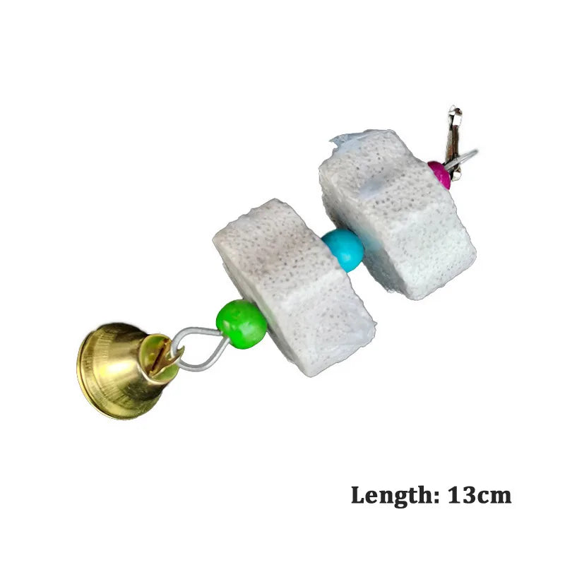 Kauspielzeug für Papageien mit Glöckchen und Mineralstein – Holz & Perlen