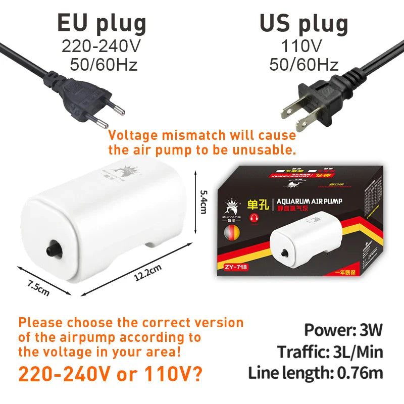 Aquarium-Luftpumpe 3W ultraleise – 3 l/min – Kunststoff – EU-Stecker