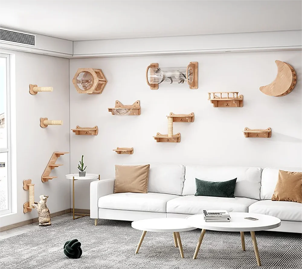 Wandmontiertes Katzenklettergerüst aus Holz – mit Kratzbereich und Nest