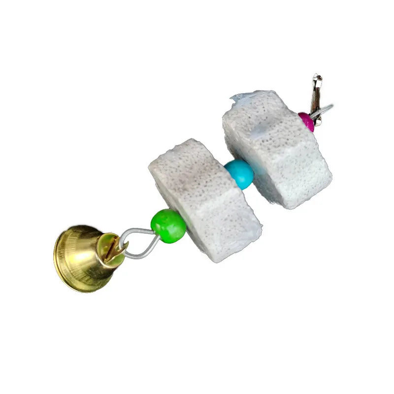 Kauspielzeug für Papageien mit Glöckchen und Mineralstein – Holz & Perlen