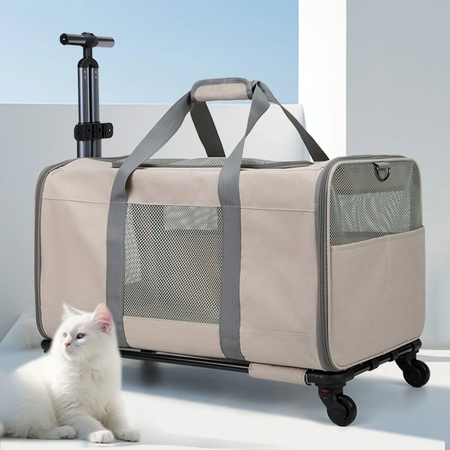 Haustierwagen Oxford Khaki 60x40x35 cm – Transportbox mit Rollen für Katzen oder kleine Hunde