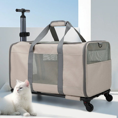 Haustierwagen Oxford Khaki 60x40x35 cm – Transportbox mit Rollen für Katzen oder kleine Hunde