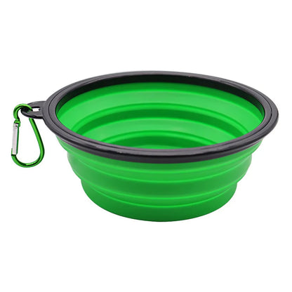 Faltbarer, tragbarer Silikon-Futternapf für Hunde, 2-in-1-Spender für Haustiere, ideal für Reisen mit Hund oder Katze, inklusive Karabinerhaken und Wasserbehälter.