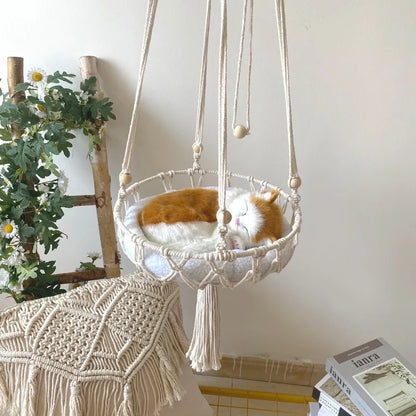 Hängematte mit Katzenmotiv aus Baumwolle – handgewebt – 135 x 40 cm – Reisweiß