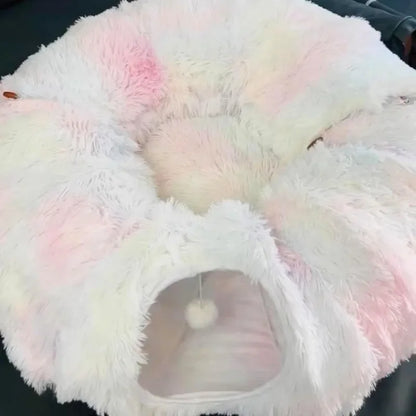 Donut-Katzenbett mit Tunnel – Weicher Plüsch, Ø95 cm – Grau in Beige