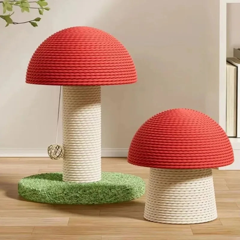 Katzenkratzbaum aus Sisal – Rotes Pilzdesign, Holz und Seil