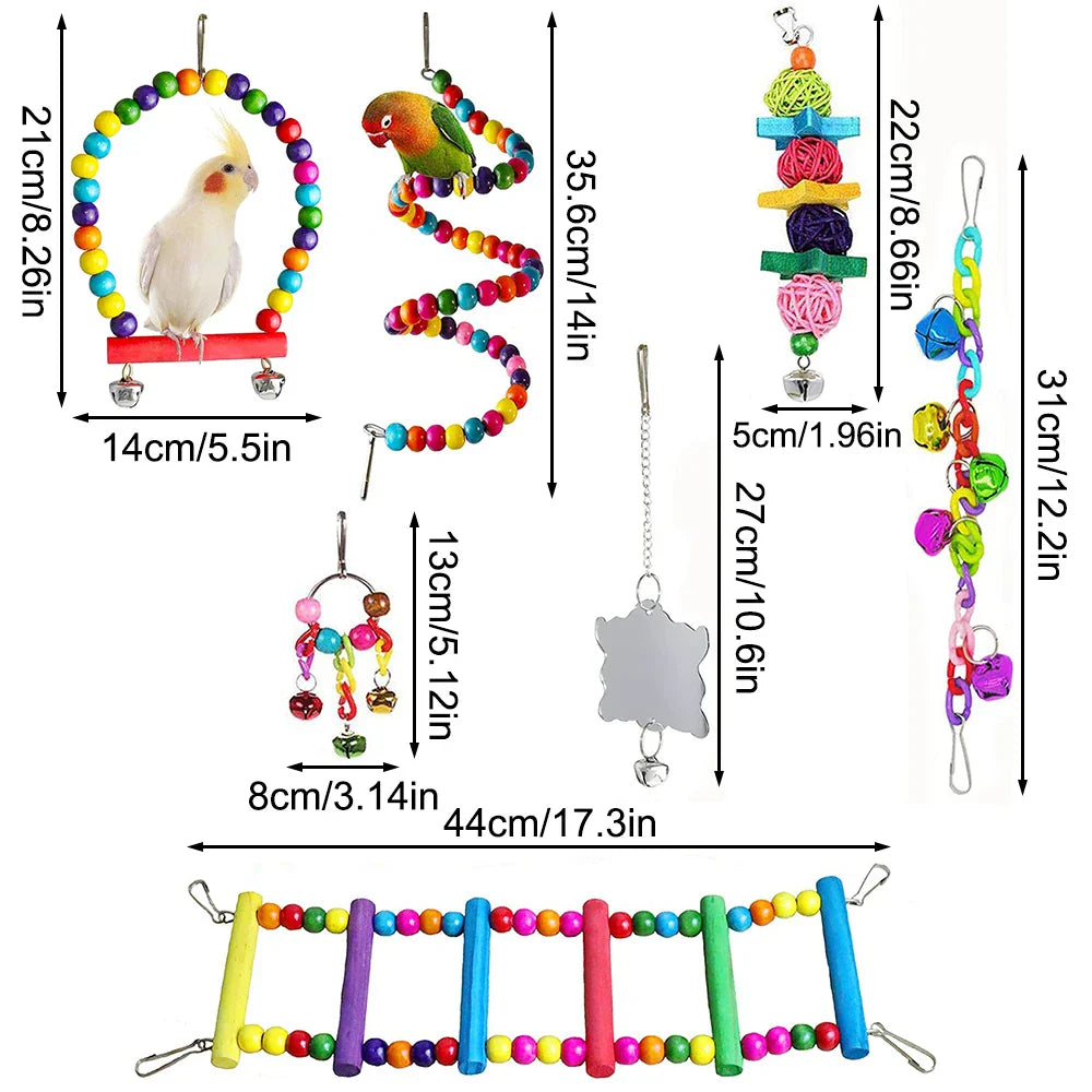 7-teiliges Papageienspielzeugset aus Holz und Kunststoff, für kleine Vögel, 21 x 14 cm