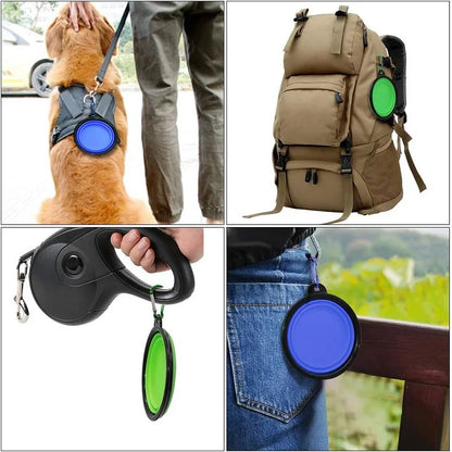 Faltbarer, tragbarer Silikon-Futternapf für Hunde, 2-in-1-Spender für Haustiere, ideal für Reisen mit Hund oder Katze, inklusive Karabinerhaken und Wasserbehälter.