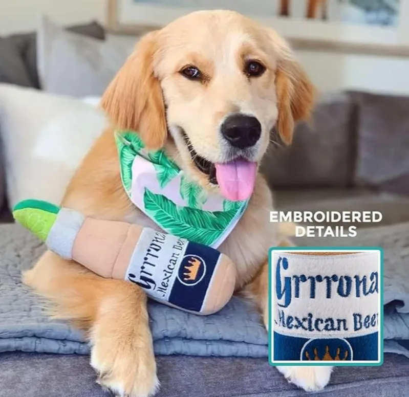 PawJoy interaktives Hundespielzeug in gelber Weinflasche