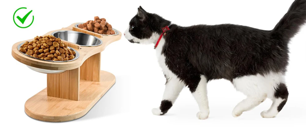 Erhöhtes 3-in-1 Katzenfutter-Set – Holzständer mit 3 Edelstahlnäpfen
