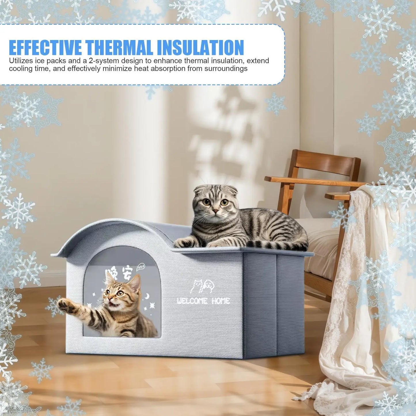 ThermaKool Faltbares, isolierendes Katzenhaus – 2-in-1: Kühlen & Wärmen mit Kühlakkus & Wendematratze