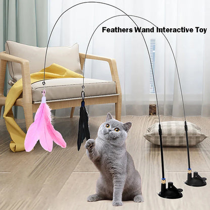 Katzenspielzeug mit Federn und Glöckchen – 80 cm langer Spielzeugstab mit Saugnapf